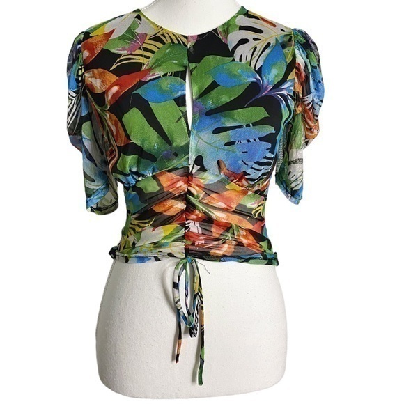 Touch Me Tops - Touch Me Tropical Cropped Puffed Sleeve Top